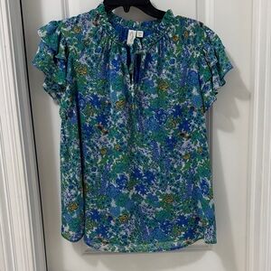 Joie Green & Blue Floral Ruffle-Sleeve Blouse